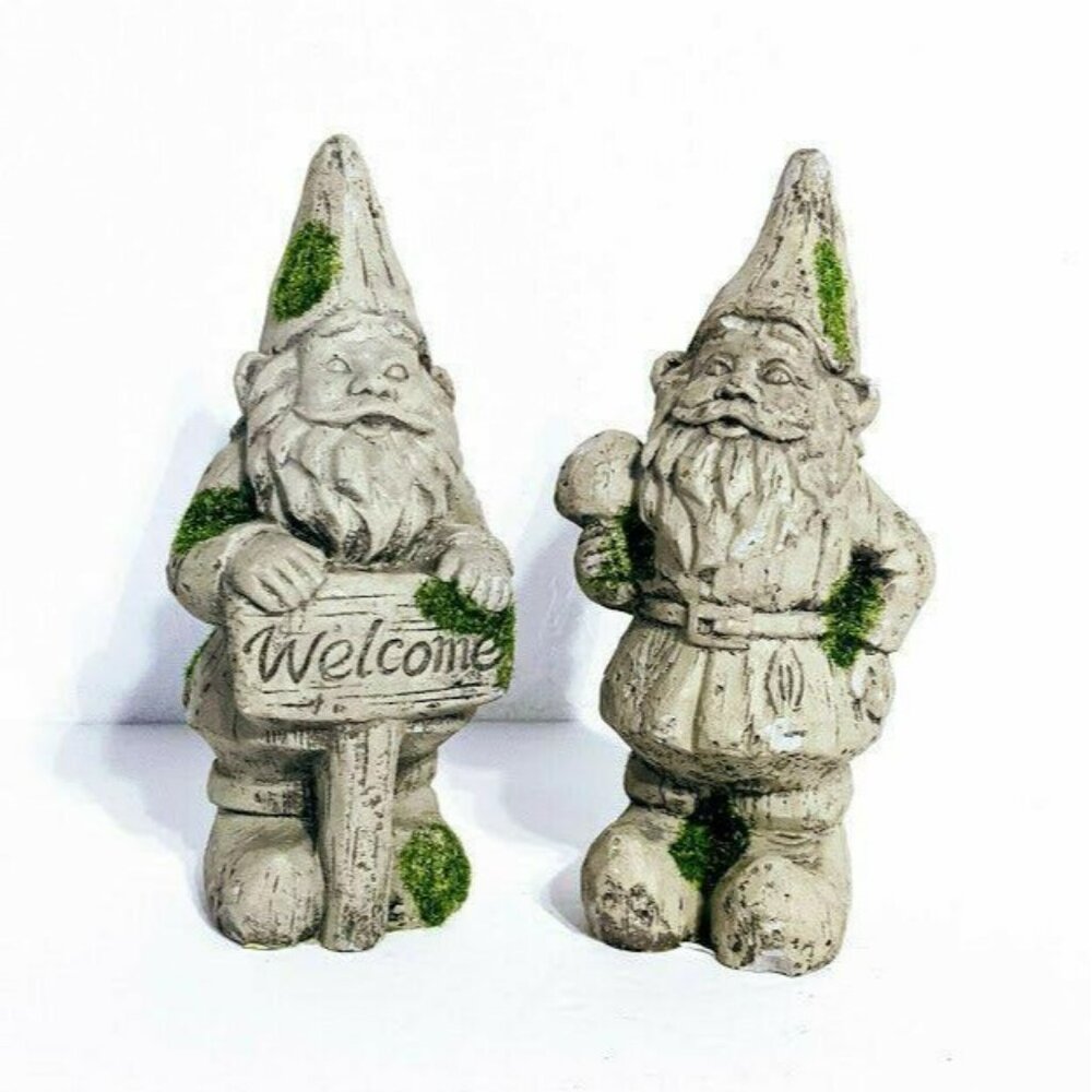 Garden Welcome Gnome Statues Gray Moss Covered Cement 6" Garden Decor New